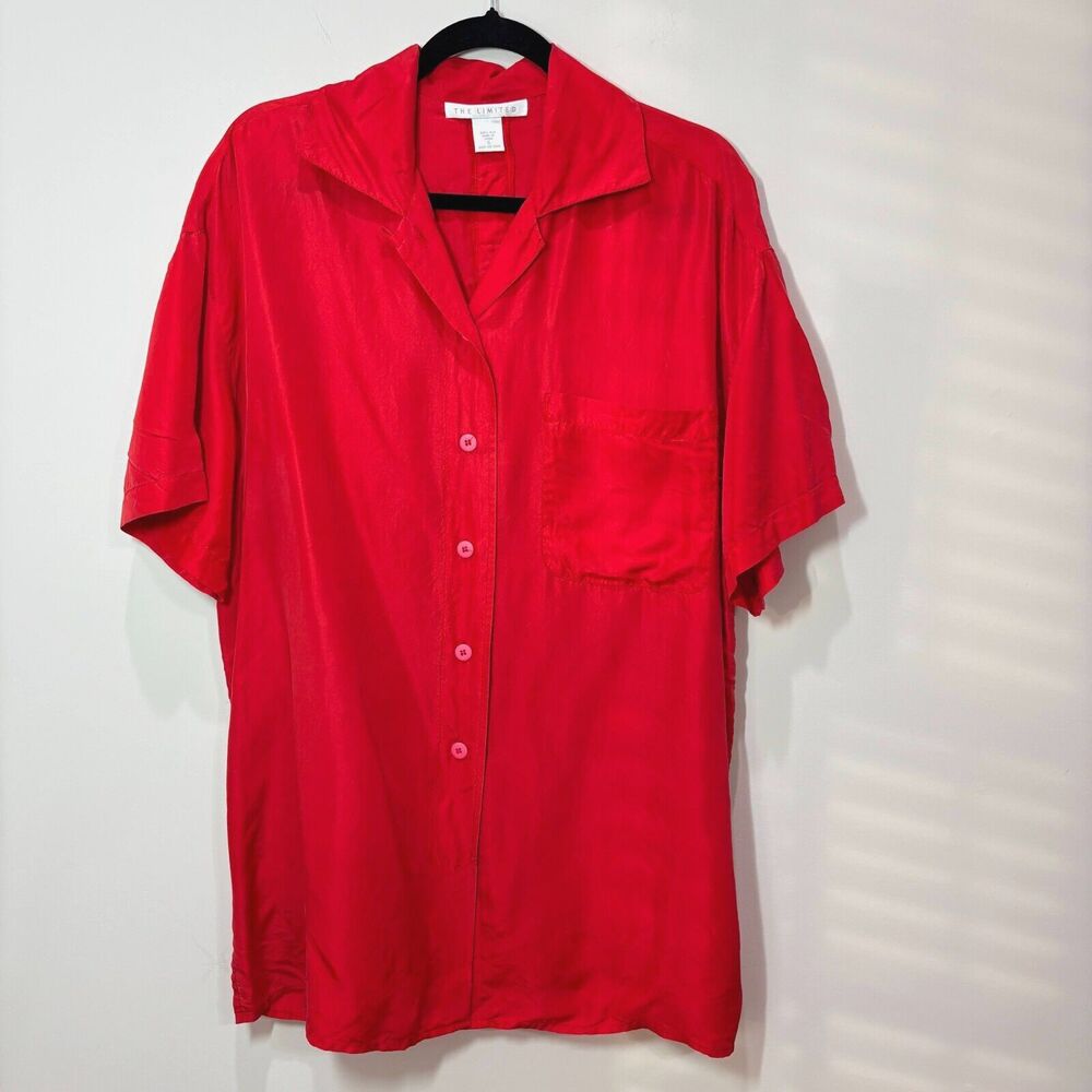 VTG Limited Red 100% Silk Button Front Back Tunic Oversized S Lagenlook Mature